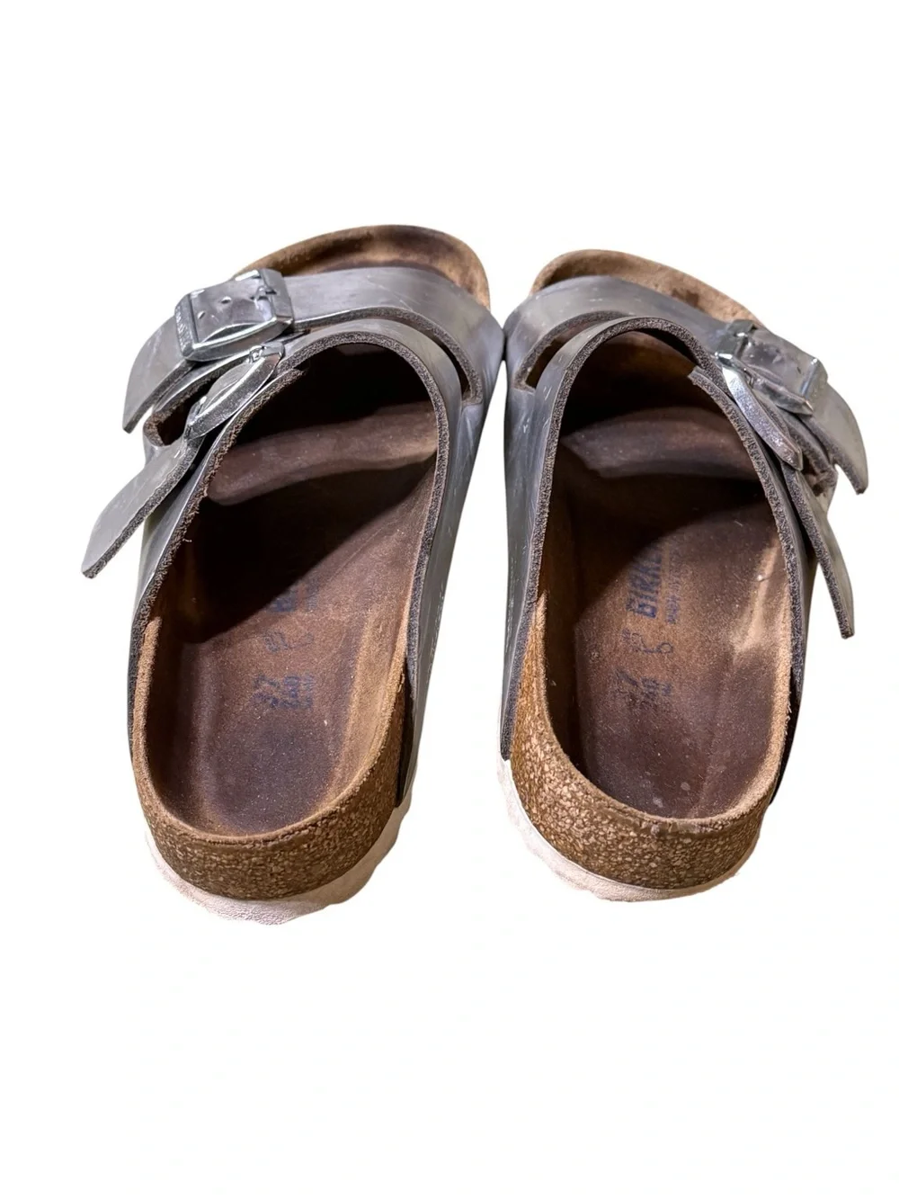 Birkenstock Arizona Silver Metallic Leather Double Strap Sandals Women 37